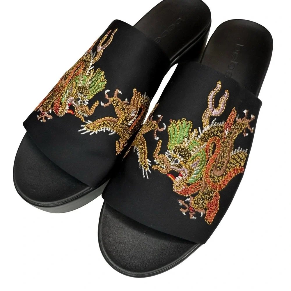 Y2K Bebe Embroidered Dragon Satin Platform Slides Sandals 2000s Rave Size‎ 8